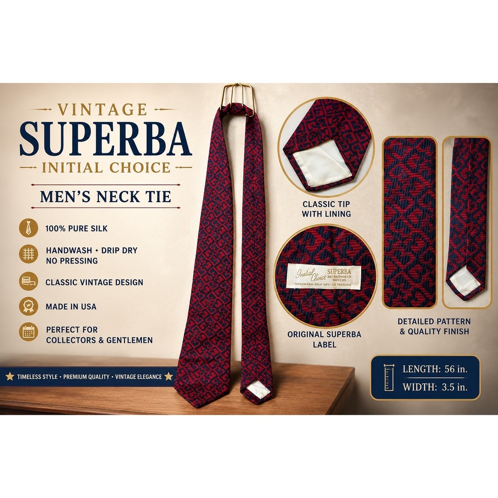 Vtg Superba Initial Choice Mens Silk Tie Red Navy Blue Geometric Monogram USA